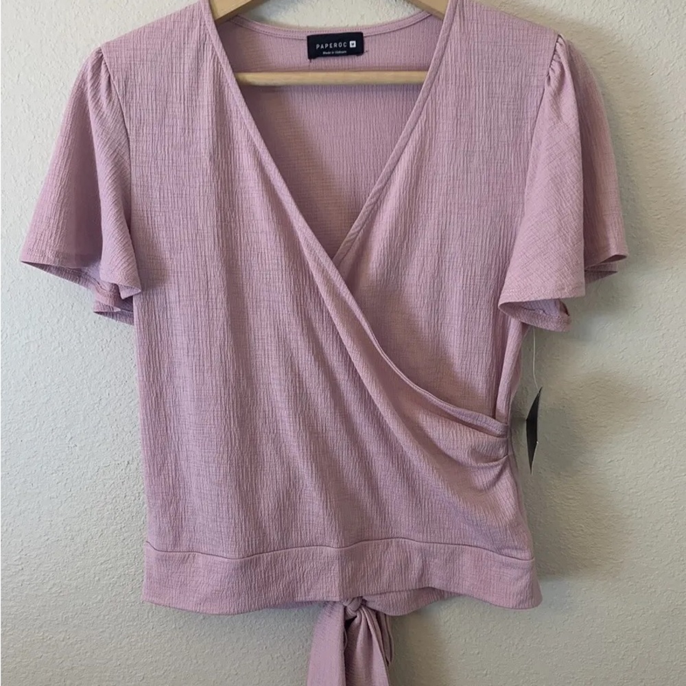 pink crossover t shirt with ribbon strands (can tie and style)